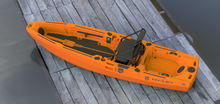 Load image into Gallery viewer, Orange FluxJet electric fishing kayak top view with black seat