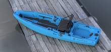 Load image into Gallery viewer, Blue FluxJet electric fishing kayak top view with seat and storage
