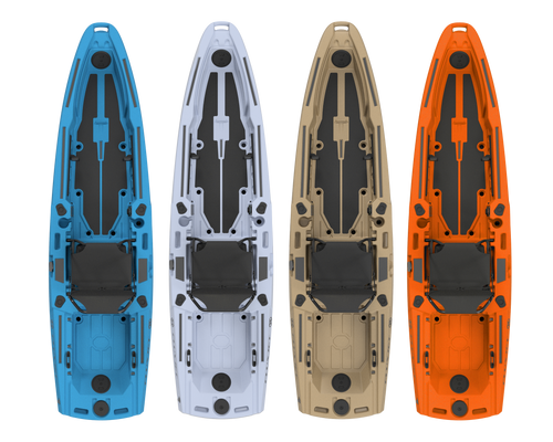 FluxJet kayak models shown in four color options: blue, white, beige, and orange