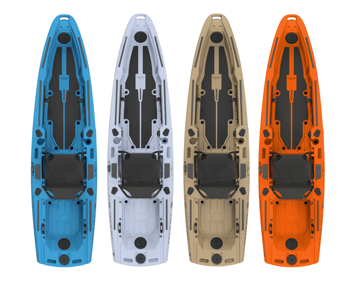 FluxJet kayak models shown in four color options: blue, white, beige, and orange