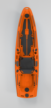 Load image into Gallery viewer, Orange FluxJet electric fishing kayak top view with seat and open deck
