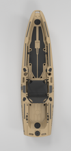 Load image into Gallery viewer, Tan FluxJet electric fishing kayak top view with black seat and open deck
