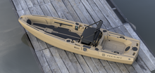 Load image into Gallery viewer, Tan FluxJet electric fishing kayak top view with seat and storage

